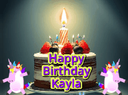 Happy Birthday Kayla GIF: An animated gif with 2 unicorns and a birthday candle on a cake.