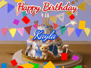 Happy Birthday Kayla GIF: Happy Birthday Cake GIF with a cat, lamb, and squirrel on the cake with flickering candles, a sparkler, and falling confetti. Reads Happy Birthday Name and you can customize the name