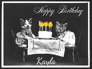 Happy Birthday Kayla GIF: 2 cats sit at a table with a birthday cake with animated candles in this birthday gif you can customize with name.