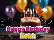 Happy Birthday Keith GIF: A birthday cake with flickering candles gif with text reading Happy Birthday and a Name slot to customize