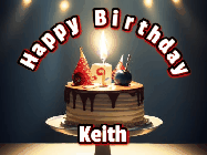 Happy Birthday Keith GIF: Animated happy birthday gif with a cake and flickering candles with colorful falling confetti and text reading Happy Birthday