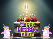 Happy Birthday Keith GIF: An animated gif with 2 unicorns and a birthday candle on a cake.