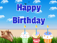 Happy Birthday Keith GIF: A beach crab displays the birthday name that you can customize on a beach with cupcakes. Animated, cute, weird.