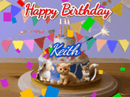 Happy Birthday Keith GIF: Happy Birthday Cake GIF with a cat, lamb, and squirrel on the cake with flickering candles, a sparkler, and falling confetti. Reads Happy Birthday Name and you can customize the name