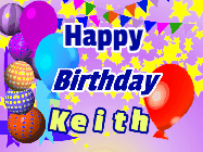Happy Birthday Keith GIF: Animated birthday gif, purples birthday party background, swaying balloons, and animated text you can customize.