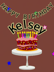 Happy Birthday Kelsey GIF: Animated birthday gif of a chocolate cartoon cake and stars. Animated text can be customized with name.