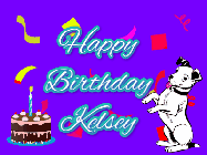 Happy Birthday Kelsey GIF: Silly happy birthday gif with a cute dog in a corner and rainbow animation confetti. Birthday cake in order with candle.