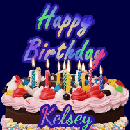 Happy Birthday Kelsey GIF: A dark blue birthday gif with a beautiful cake with flickering candles, background sparkles and a name to customize.