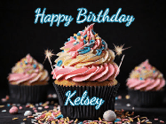 Happy Birthday Kelsey GIF: A delicious cupcake gif with animated sparkles reading Happy Birthday with a name to customize