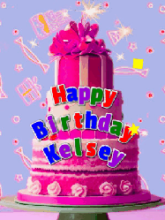 Happy Birthday Kelsey GIF: A big beautiful birthday cake gif with falling confetti, sparklers, and balloons, reads Happy Birthday Name. Customize it.