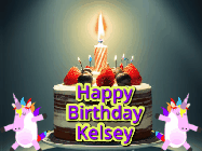 Happy Birthday Kelsey GIF: An animated gif with 2 unicorns and a birthday candle on a cake.