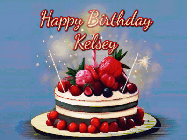 Happy Birthday Kelsey GIF: Animated GIF of a birthday cake covered in berries with 2 sparklers and a candle, reads Happy Birthday Name. Customize it.