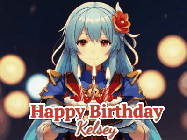 Happy Birthday Kelsey GIF: Anime girl holding a birthday cake and an animated sword falls into it. Text reads Happy Birthday Customize