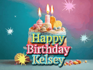 Happy Birthday Kelsey GIF: A colorful animated Happy Birthday Cake GIF with swirling sparkles and flickering candles. It reads Happy Birthday Name