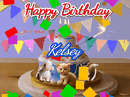 Happy Birthday Kelsey GIF: Happy Birthday Cake GIF with a cat, lamb, and squirrel on the cake with flickering candles, a sparkler, and falling confetti. Reads Happy Birthday Name and you can customize the name