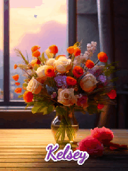 Happy Birthday Kelsey GIF: A vase of flowers and animated hearts pop in and out as the words Happy Birthday Name appears that you can customize