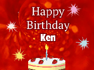 Happy Birthday Ken GIF: A bright red happy birthday gif animated with a cake candle, and glitter and sparkles. Customize with name.