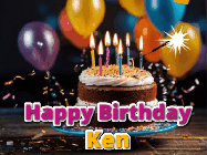 Happy Birthday Ken GIF: A birthday cake with flickering candles gif with text reading Happy Birthday and a Name slot to customize