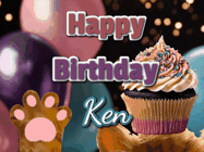 Happy Birthday Ken GIF: Cute Kitten Birthday Cupcake GIF with a cupcake raised by a cats head, then it pulls down text reading Happy Birthday Name