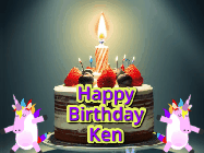 Happy Birthday Ken GIF: An animated gif with 2 unicorns and a birthday candle on a cake.