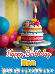 Happy Birthday Ken GIF: A birthday card gif with a cake and candle and a blue ribbon with animated sparklers. Reads Happy Birthday Name