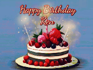 Happy Birthday Ken GIF: Animated GIF of a birthday cake covered in berries with 2 sparklers and a candle, reads Happy Birthday Name. Customize it.