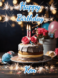 Happy Birthday Ken GIF: Sparkles and glitter happy birthday gif with a cake and flickering candles and sparklers behind the words happy birthday customize