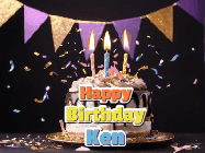 Happy Birthday Ken GIF: Happy birthday cake animated gif with flickering candles, animated text, and falling confetti. Customize text reading Happy Birthday Customize.