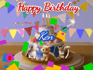 Happy Birthday Ken GIF: Happy Birthday Cake GIF with a cat, lamb, and squirrel on the cake with flickering candles, a sparkler, and falling confetti. Reads Happy Birthday Name and you can customize the name