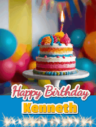 Happy Birthday Kenneth GIF: A birthday card gif with a cake and candle and a blue ribbon with animated sparklers. Reads Happy Birthday Name