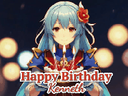 Happy Birthday Kenneth GIF: Anime girl holding a birthday cake and an animated sword falls into it. Text reads Happy Birthday Customize