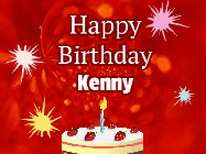 Happy Birthday Kenny GIF: A bright red happy birthday gif animated with a cake candle, and glitter and sparkles. Customize with name.