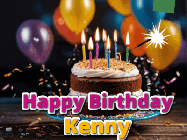 Happy Birthday Kenny GIF: A birthday cake with flickering candles gif with text reading Happy Birthday and a Name slot to customize