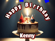 Happy Birthday Kenny GIF: Animated happy birthday gif with a cake and flickering candles with colorful falling confetti and text reading Happy Birthday