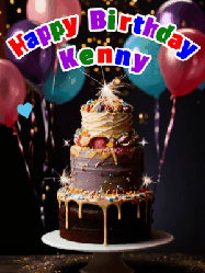 Happy Birthday Kenny GIF: Beautiful birthday cake animated gif, a celebration of balloons, confetti, and sparklers. Customize banner and name.