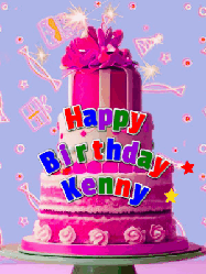 Happy Birthday Kenny GIF: A big beautiful birthday cake gif with falling confetti, sparklers, and balloons, reads Happy Birthday Name. Customize it.