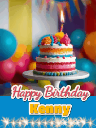 Happy Birthday Kenny GIF: A birthday card gif with a cake and candle and a blue ribbon with animated sparklers. Reads Happy Birthday Name