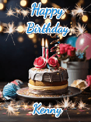 Happy Birthday Kenny GIF: Sparkles and glitter happy birthday gif with a cake and flickering candles and sparklers behind the words happy birthday customize