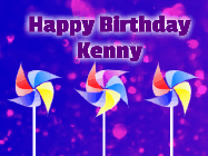 Happy Birthday Kenny GIF: Animated birthday gif with name of 3 rotating pin wheels on a purple background with 3 lines of text to customize.