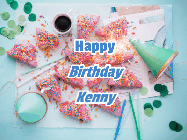 Happy Birthday Kenny GIF: Animated birthday gif that can be customized with name showing flowing confetti over a birthday party place setting.
