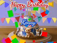Happy Birthday Kenny GIF: Happy Birthday Cake GIF with a cat, lamb, and squirrel on the cake with flickering candles, a sparkler, and falling confetti. Reads Happy Birthday Name and you can customize the name
