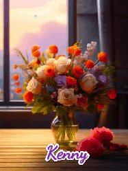 Happy Birthday Kenny GIF: A vase of flowers and animated hearts pop in and out as the words Happy Birthday Name appears that you can customize