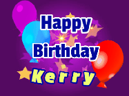 Happy Birthday Kerry GIF: A lovely purple birthday gif animated with moving text, a balloon, and bubbles. Customize it.