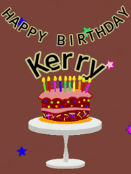 Happy Birthday Kerry GIF: Animated birthday gif of a chocolate cartoon cake and stars. Animated text can be customized with name.