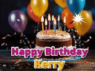 Happy Birthday Kerry GIF: A birthday cake with flickering candles gif with text reading Happy Birthday and a Name slot to customize