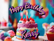 Happy Birthday Kerry GIF: A colorful animated birthday gif of a cake and falling stars with a flickering candle. Text reads Happy Birthday and Customize.