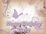 Happy Birthday Kerry GIF: Classical birthday gif background with colorful musical notes floating past and a name you can customize, reads Happy Birthday.