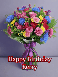 Happy Birthday Kerry GIF: A beautiful animated birthday gif with a bouquet of flowers and animated hearts reading Happy Birthday Customize