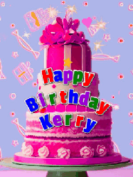 Happy Birthday Kerry GIF: A big beautiful birthday cake gif with falling confetti, sparklers, and balloons, reads Happy Birthday Name. Customize it.