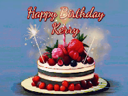Happy Birthday Kerry GIF: Animated GIF of a birthday cake covered in berries with 2 sparklers and a candle, reads Happy Birthday Name. Customize it.